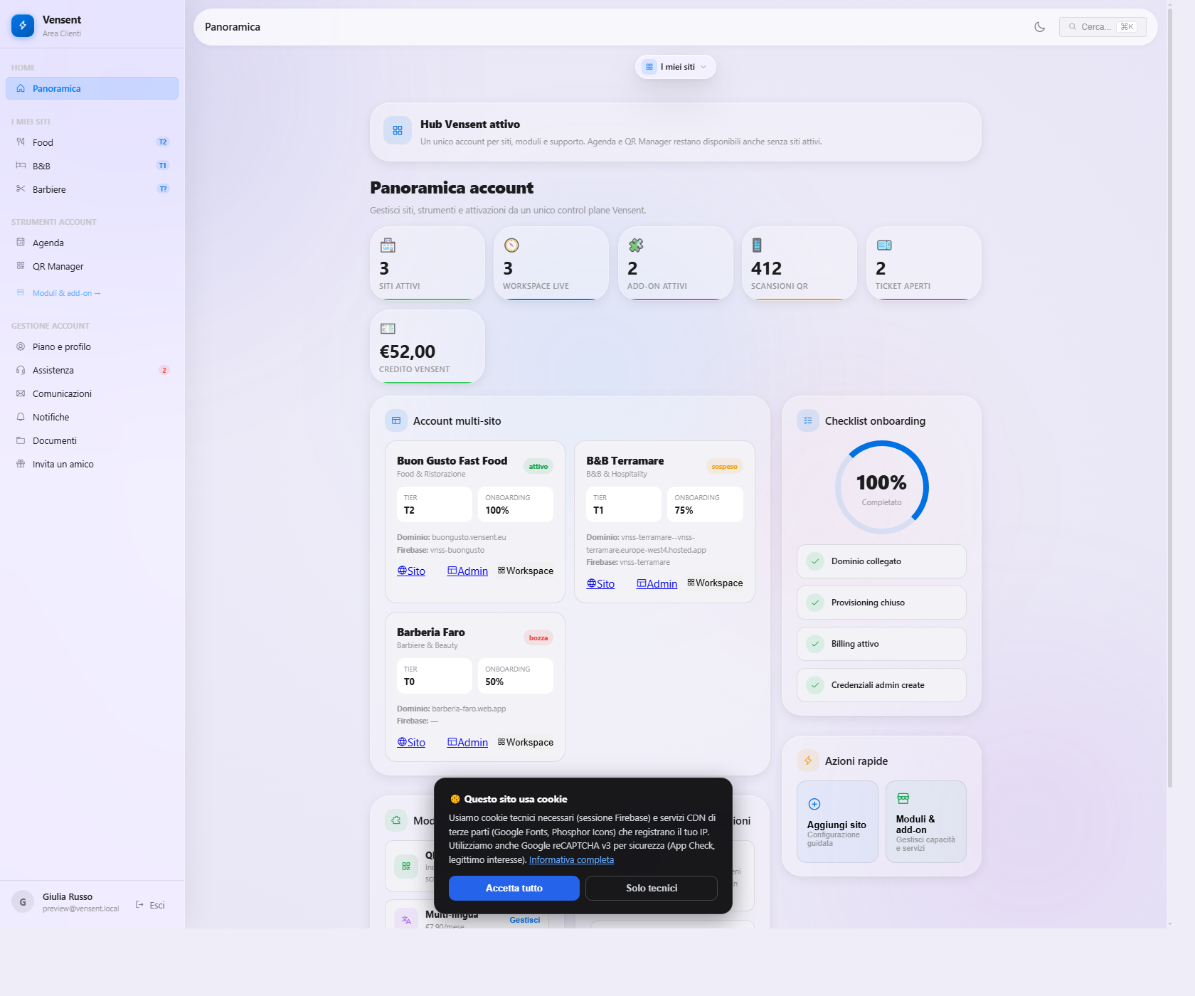 Panoramica account Vensent con siti, onboarding e azioni rapide