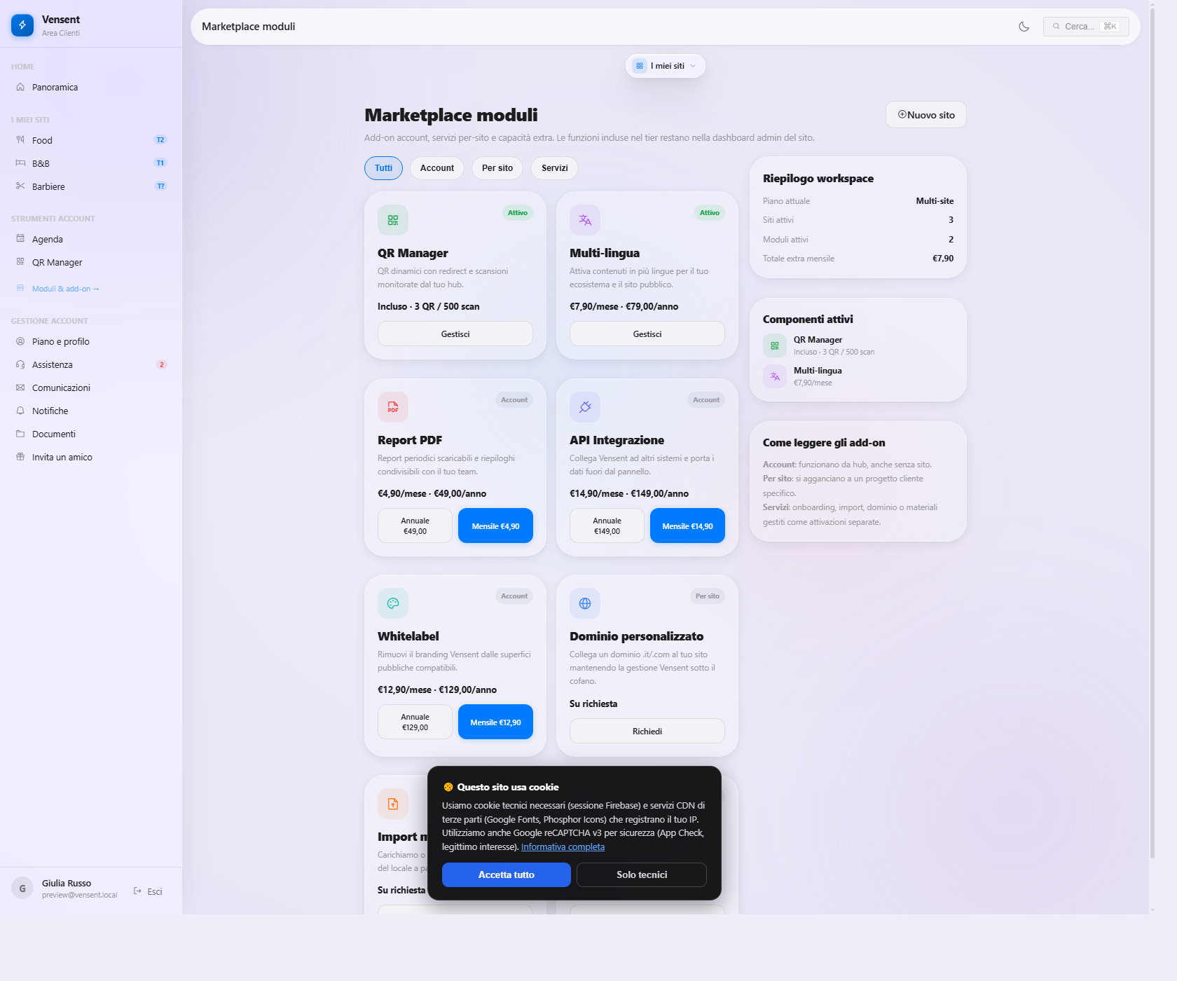 Marketplace moduli di Vensent con add-on account, per sito e servizi