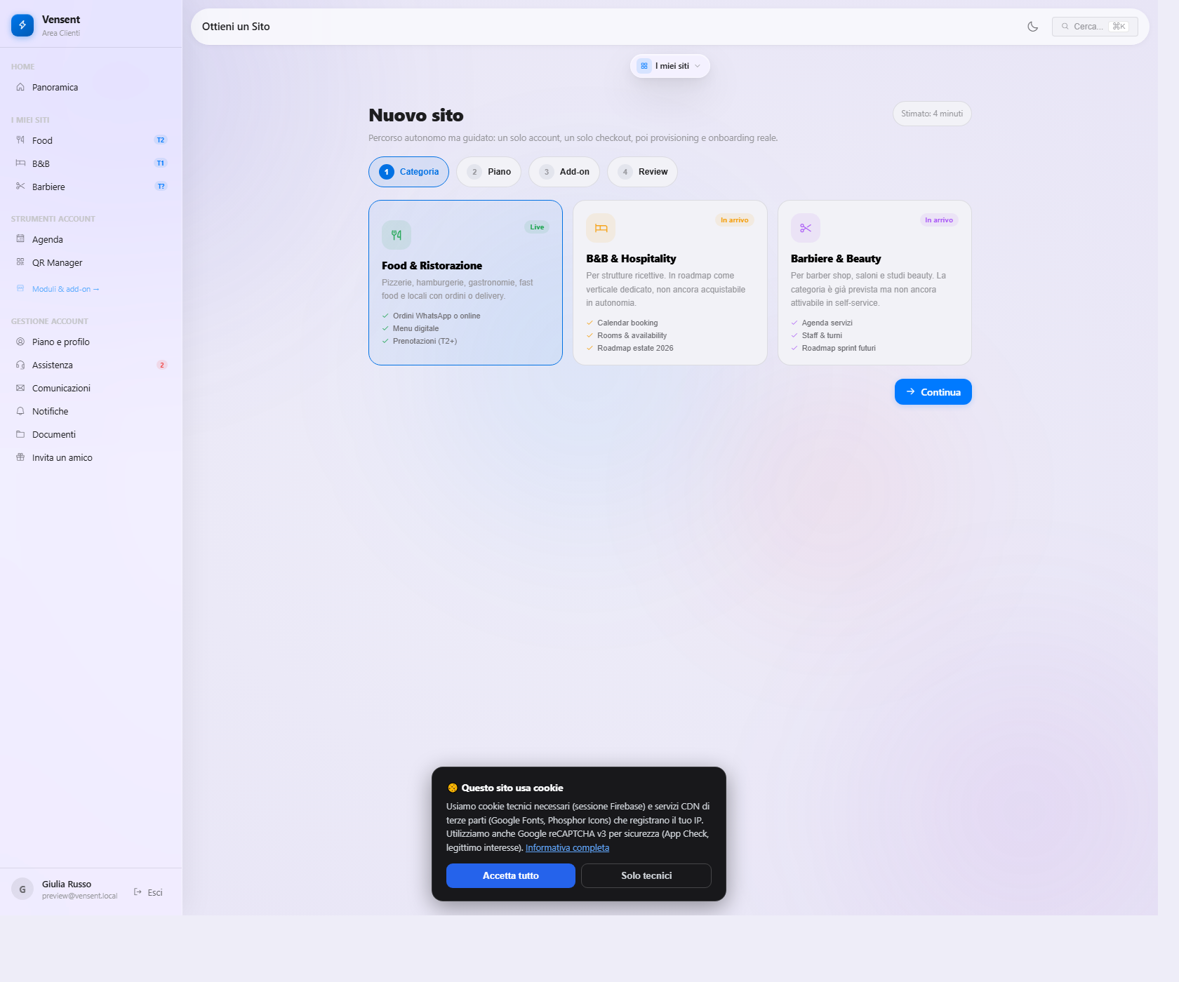 Wizard guidato per configurare un nuovo sito su Vensent